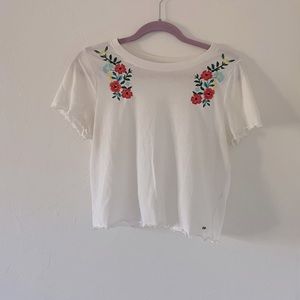 Hollister floral embroidered white crop top
